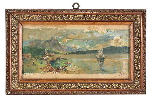Antonio Previtera - Signed. "View of an Alpine lake with boat and fishermen", small oil painting on very damaged paper