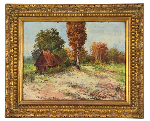 Umberto Ruini - Firmato. "Paesaggio con casale contadino", piccolo dipinto ad olio su compensato
