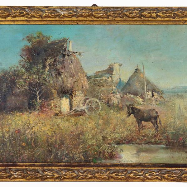 Pittore Italiano Post-Impressionista - "Paesaggio campestre con stalla, asinello e ruscello", piccolo dipinto ad olio su tela