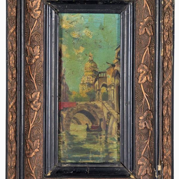 Pittore Veneto Fine XIX Secolo - "Scorcio di Venezia con calle", piccolo dipinto ad olio su tela applicata a cartone