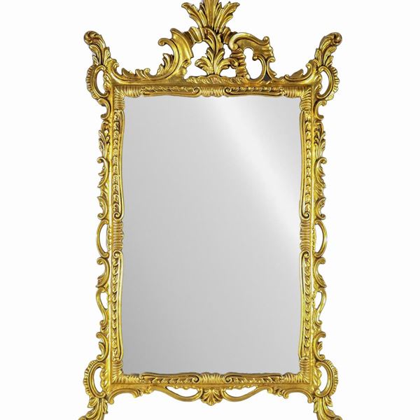 Specchiera di linea Luigi XV in legno dorato e intagliato, specchio al mercurio