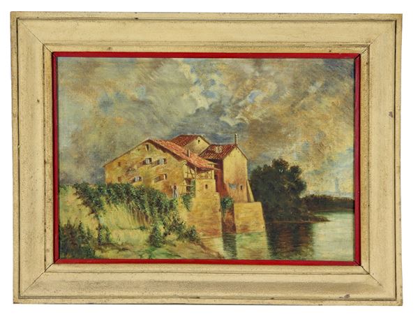 Scuola Veneta Inizio XX Secolo - "Case sul fiume", dipinto ad olio su tela