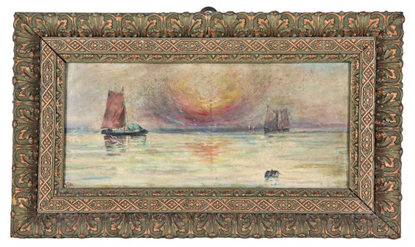 Antonio Previtera - Firmato. "Marina con barche di pescatori", piccolo dipinto ad olio su cartone