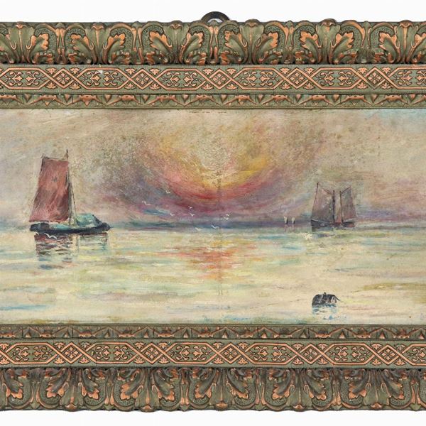 Antonio Previtera - Signed. "Marina with fishing boats", small oil painting on cardboard
