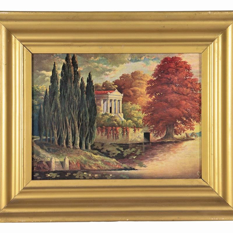 Siglato G.F. "Veduta di villa palladiana con corso d'acqua", piccola oleografia su cartone