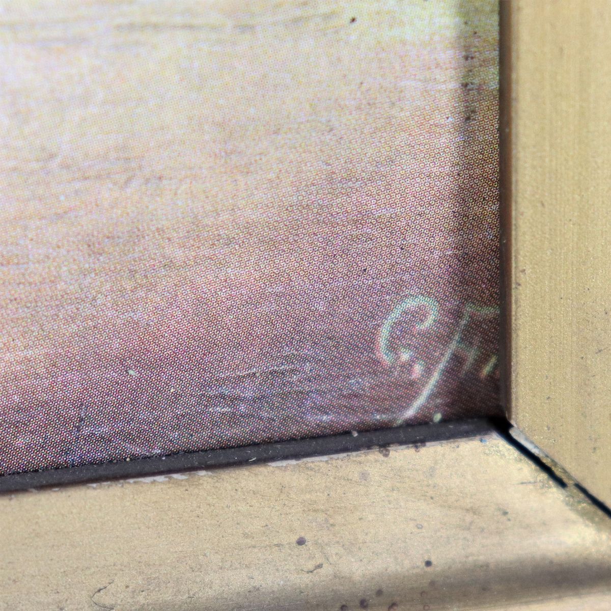 Siglato G.F. "Veduta di villa palladiana con corso d'acqua", piccola oleografia su cartone