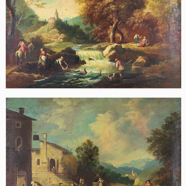 Umberto Ruini - Firmati. 'Paesaggi con lavandaie al fiume e borgo con popolani e cavalieri', coppia di dipinti ad olio su tela