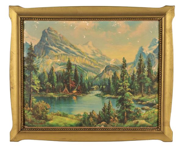 Pittore Inglese Inizio XX Secolo - Firmata. "Paesaggio alpino con lago", piccola oleografia su cartone