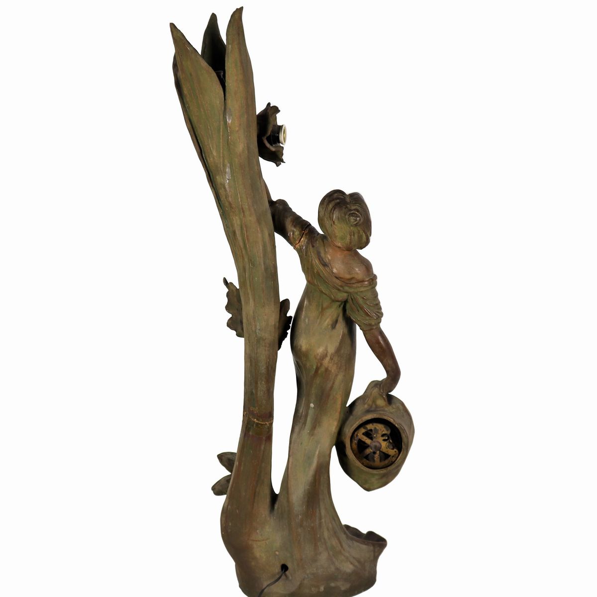 Scultura francese Liberty in terracotta patinata a finto bronzo "Donna con orologio", varie rottu...