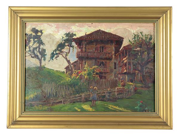 Pittore Italiano Post-Impressionista - Siglato L.G. "Paesaggio alpino con case e bambini", piccolo dipinto ad olio su compensato