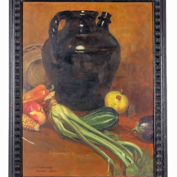 Antonino Calcagnadoro - Firmato e datato Roma 1930. "Natura morta con vasellame e ortaggi", dipinto ad olio su cartone pressato