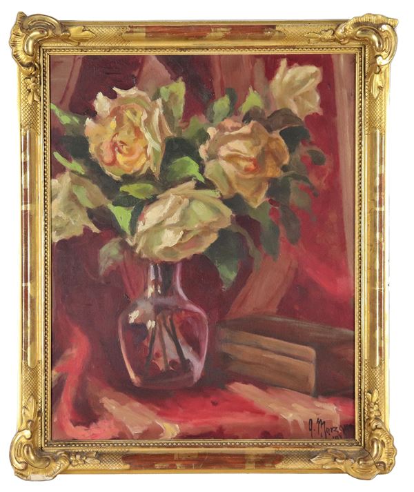 Pittore Italiano Inizio XX Secolo - Firmato e datato. "Vaso con rose", dipinto ad olio su compensato