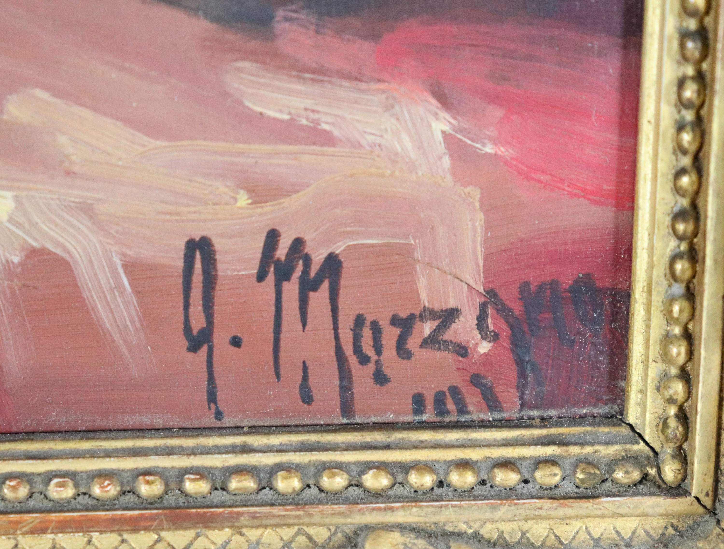 Firmato e datato. "Vaso con rose", dipinto ad olio su compensato