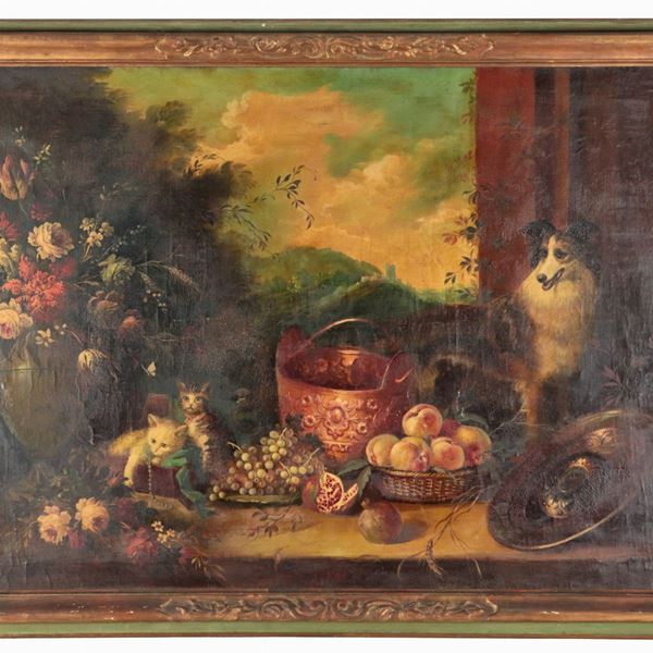 Scuola Italiana Fine XIX Secolo - "Natura morta con fiori, vasellame, frutta e gattini con cane", dipinto ad olio su tela