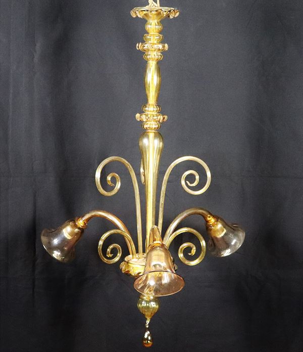 Amber-colored Murano blown glass chandelier with flowers and leaves, 3 lights