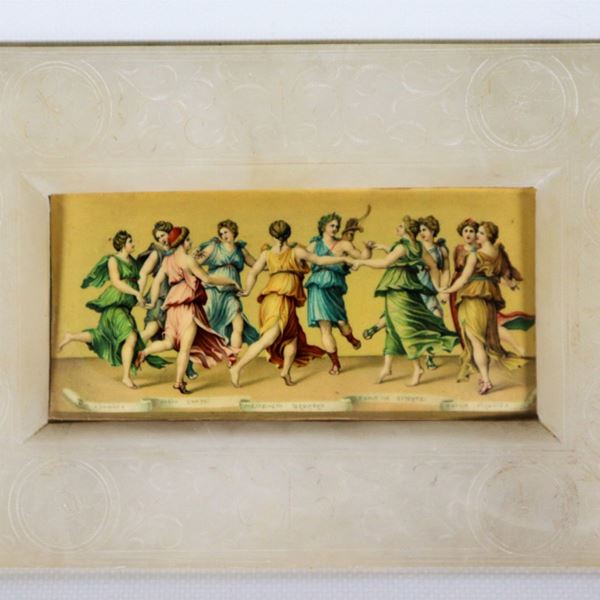 Piccola fotostampa "Vestali danzanti", in cornice Liberty in marmo di alabastro inciso