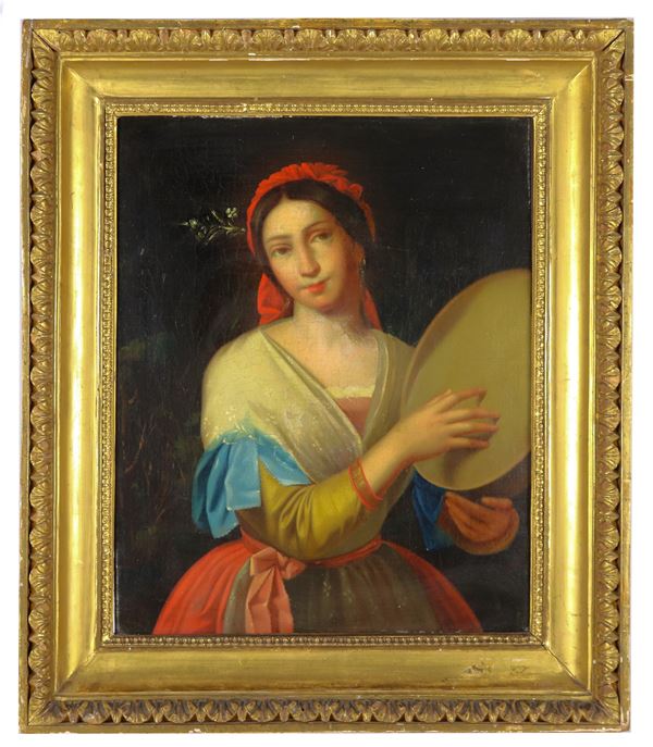 Scuola Italiana Inizio XIX Secolo - "Popolana con tamburello", dipinto ad olio su tela