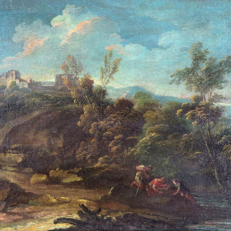 Bottega di. "Paesaggio con viandanti, ruscello e borgo sullo sfondo", dipinto ad olio su tela di ...