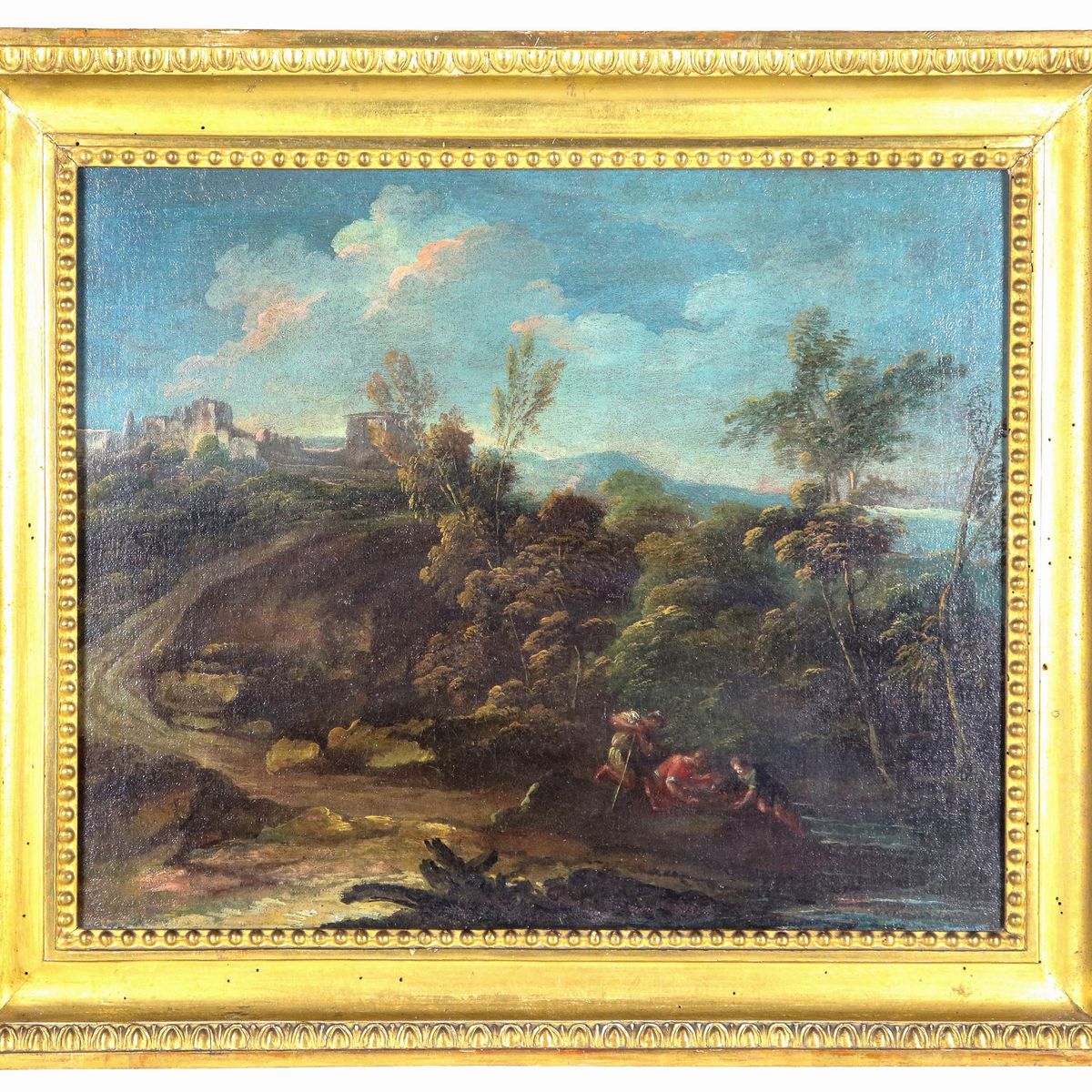 Bottega di. "Paesaggio con viandanti, ruscello e borgo sullo sfondo", dipinto ad olio su tela di ...