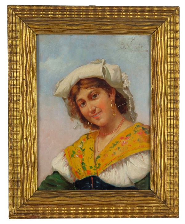 Pittore Italia Centrale XIX Secolo - Traces of signature and dated Rome 1895 on the back. "Portrait of a young Ciociara", bright and small oil painting on tablet