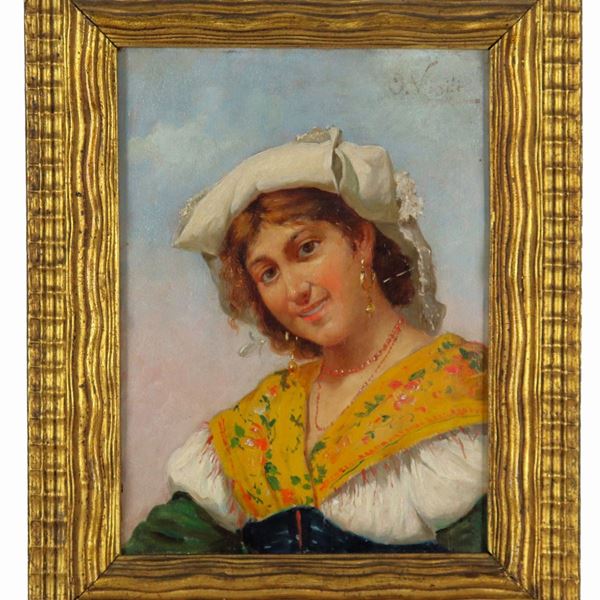 Pittore Italia Centrale XIX Secolo - Tracce di firma e sul retro datato Roma 1895. "Ritratto di giovane ciociara", luminoso e piccolo dipinto ad olio su tavoletta