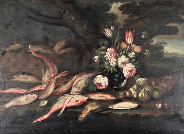Elena Recco - Attributed. "Still life of fish with flowers and fruit", oil painting on canvas of excellent pictorial execution
