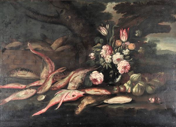 Elena Recco - Attribuito. "Natura morta di pesci con fiori e frutta", dipinto ad olio su tela di ottima esecuzione pittorica