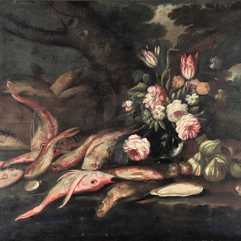 Attribuito. "Natura morta di pesci con fiori e frutta", dipinto ad olio su tela di ottima esecuzi...