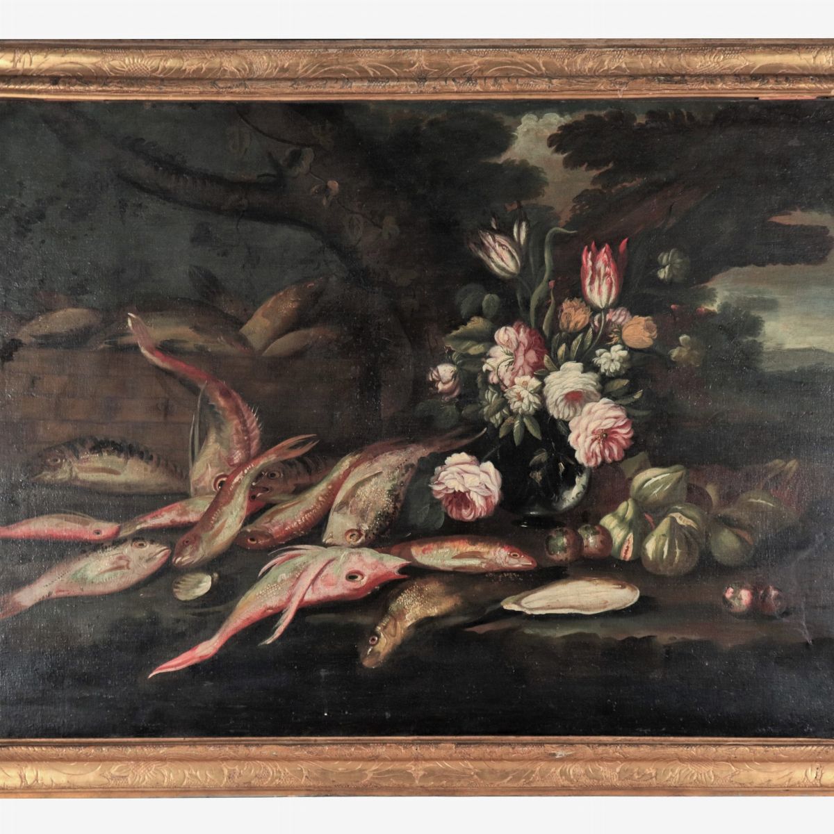Attribuito. "Natura morta di pesci con fiori e frutta", dipinto ad olio su tela di ottima esecuzi...