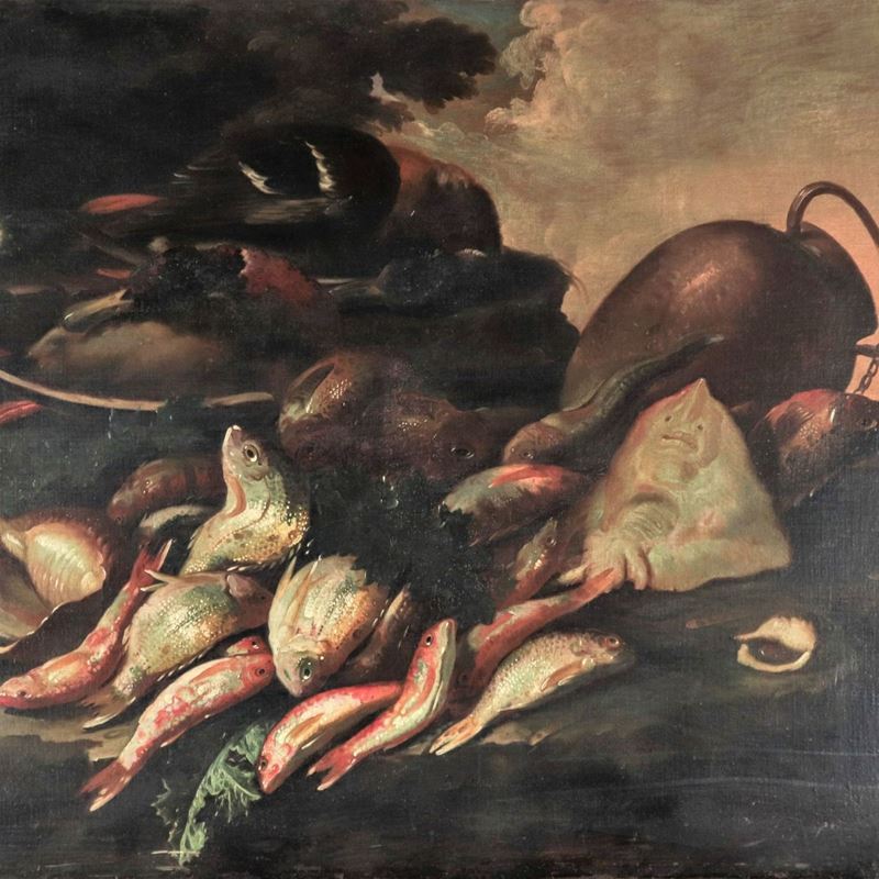 Attribuito. "Natura morta di pesci con vasellame e molluschi", dipinto ad olio su tela di ottima ...