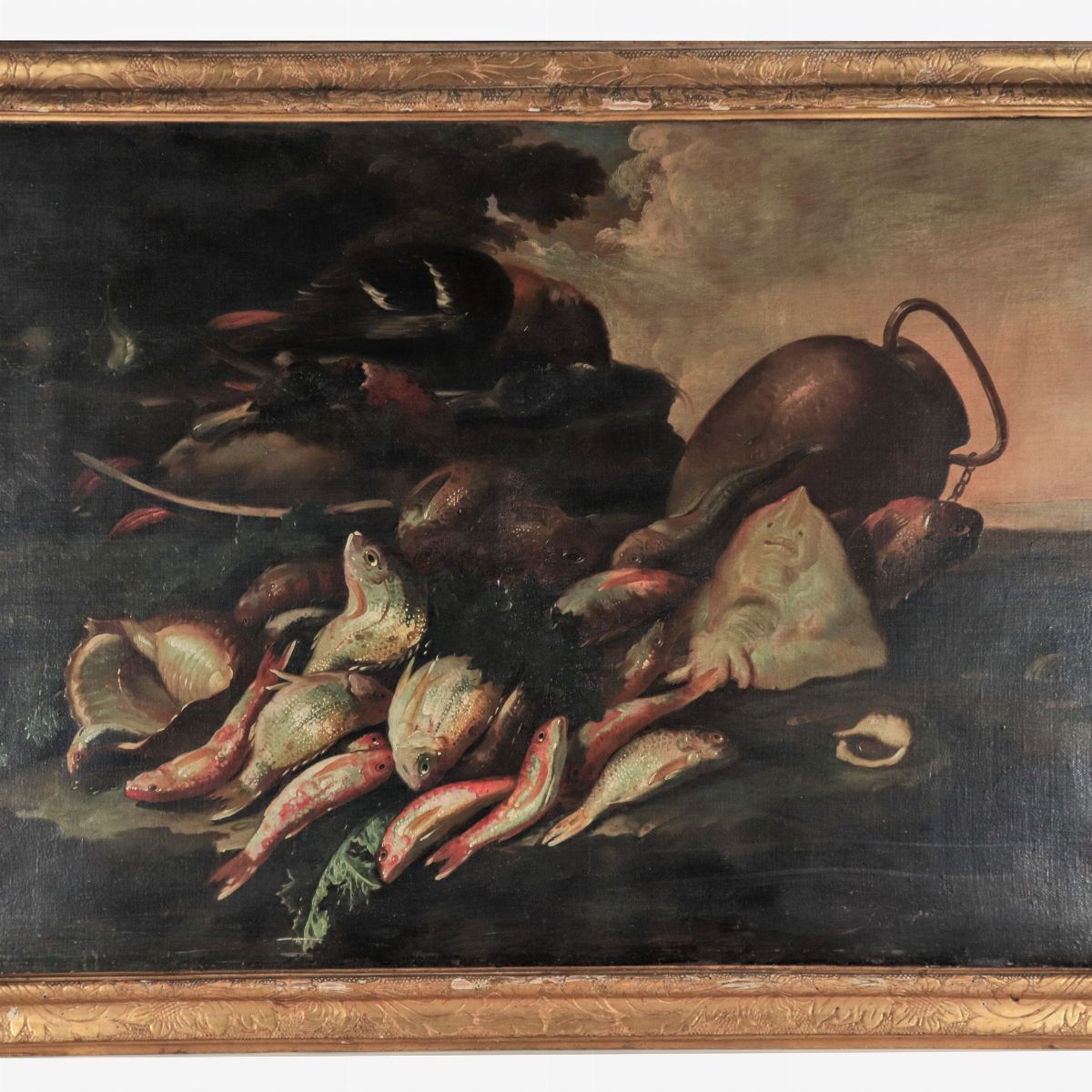 Attribuito. "Natura morta di pesci con vasellame e molluschi", dipinto ad olio su tela di ottima ...