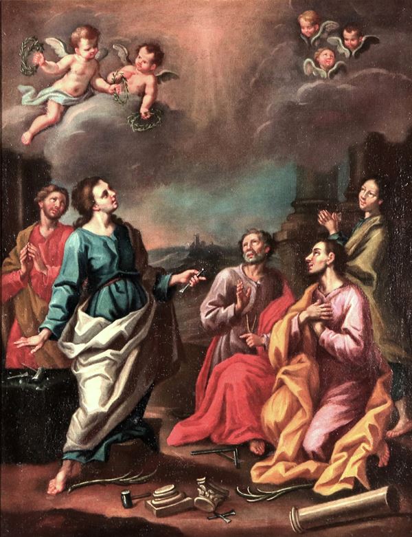 Maestro Napoletano Fine XVII Secolo - "Cristo tra gli apostoli con i simboli della passione", dipinto ad olio su tela di fine realizzazione pittorica