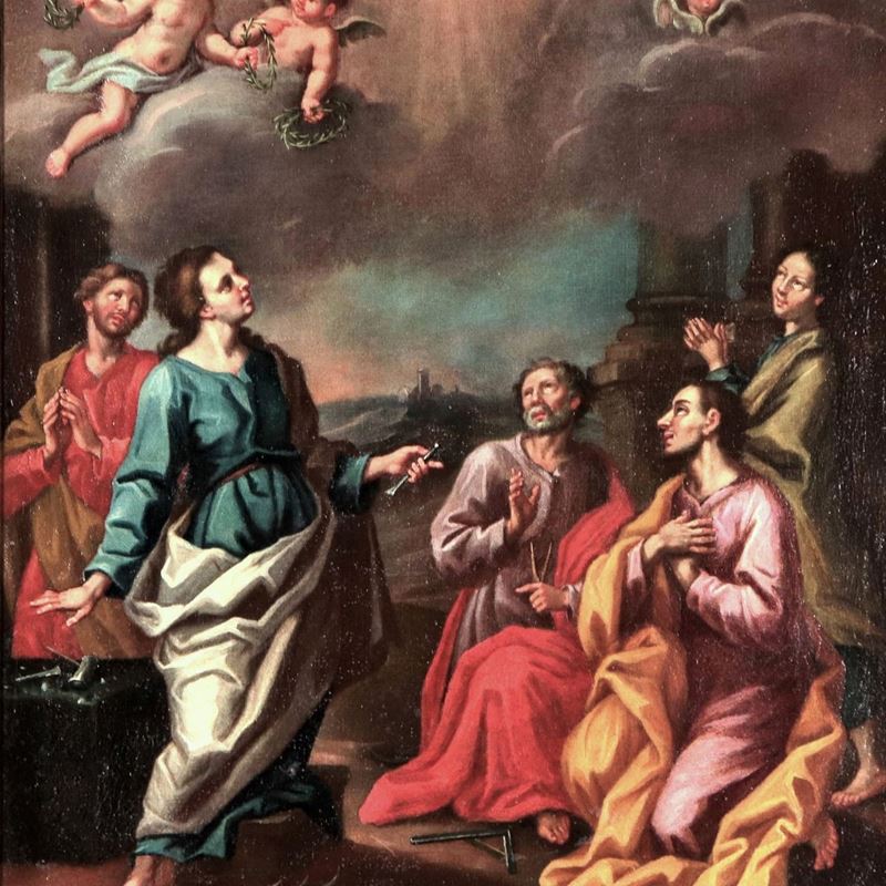 "Cristo tra gli apostoli con i simboli della passione", dipinto ad olio su tela di fine realizzaz...