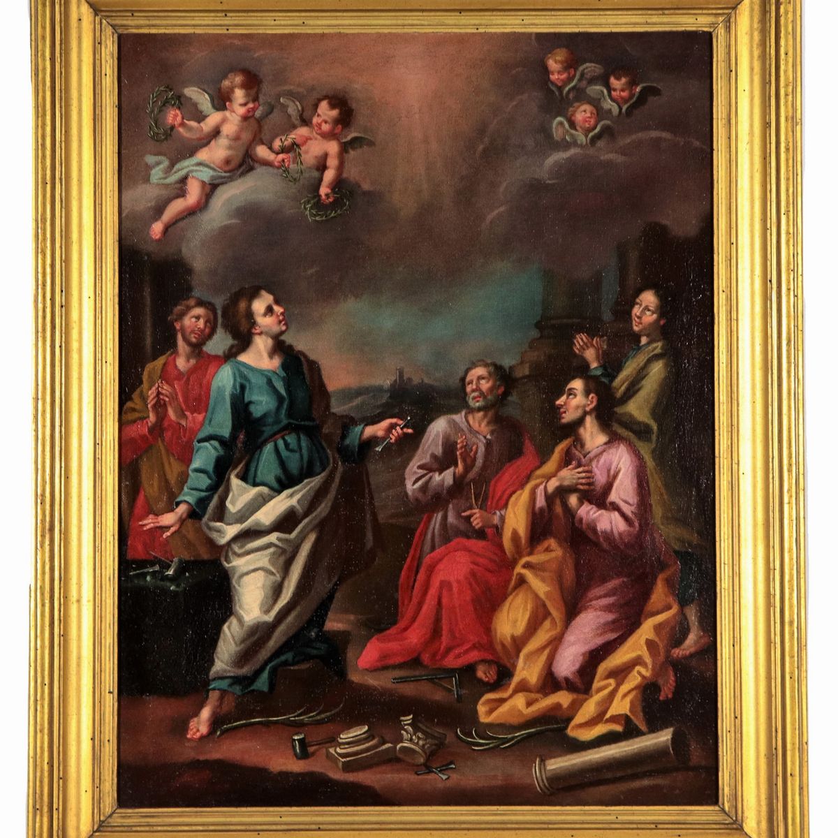 "Cristo tra gli apostoli con i simboli della passione", dipinto ad olio su tela di fine realizzaz...