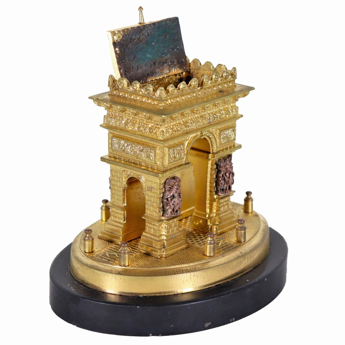 "L'Arco di trionfo a Parigi", antica piccola scultura francese in bronzo dorato, sbalzato e cesel...
