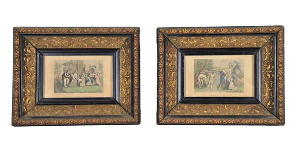 Pair of antique small colored engravings "Bible subjects"