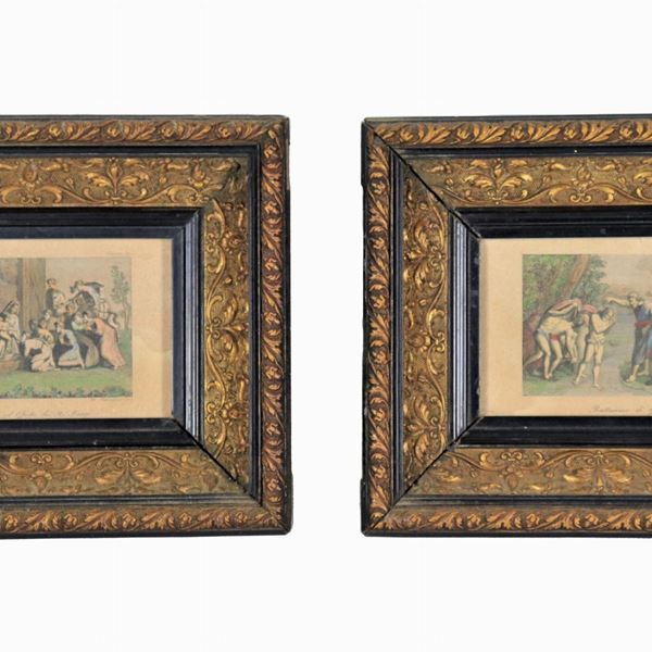 Pair of antique small colored engravings "Bible subjects"