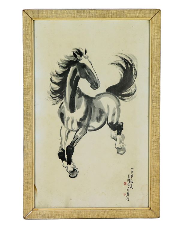 "Cavallo", acquarello orientale su carta con iscrizioni