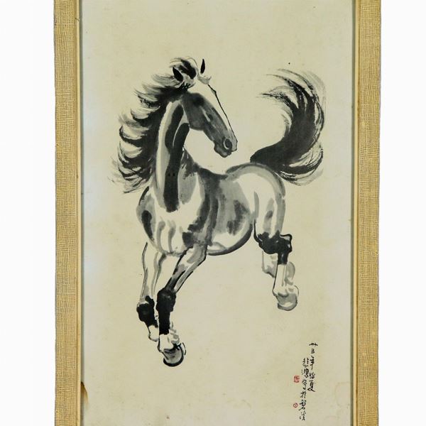 "Cavallo", acquarello orientale su carta con iscrizioni