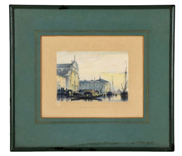 "View of Venice with canal and gondoliers", small color print