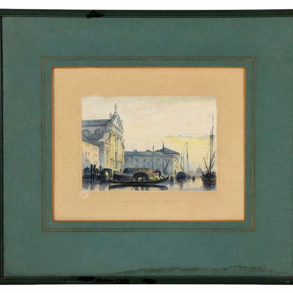 "View of Venice with canal and gondoliers", small color print