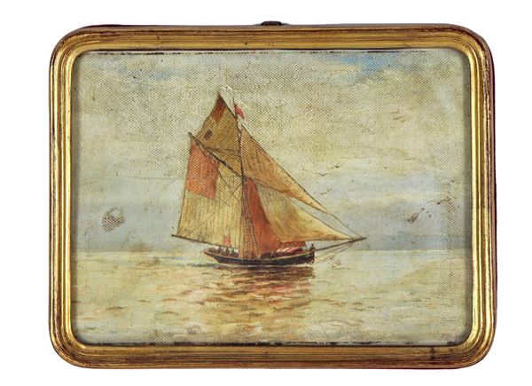 Scuola Italiana Fine XIX Secolo - "Marina with fishing boat", small oil painting on canvas