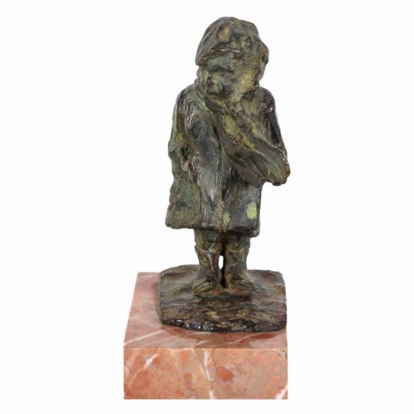 Signed. "Little Girl", small bronze sculpture supported by a brecciated marble base