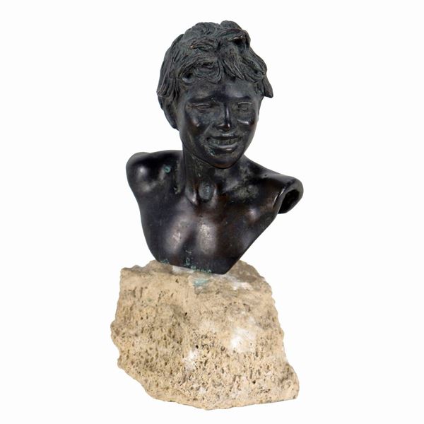 Vincenzo Gemito - Signed. "Scugnizzo", small bronze bust supported by a stone base