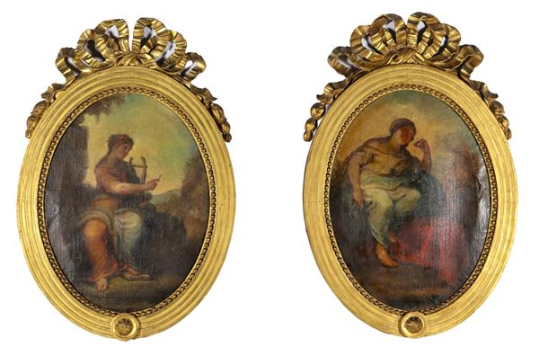 Scuola Bolognese Fine XVIII Secolo - "Musa della Musica e Musa dell'Astronomia", coppia di dipinti ovali ad olio su tela