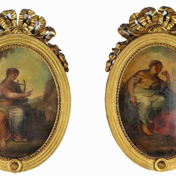 Scuola Bolognese Fine XVIII Secolo - "Muse of Music and Muse of Astronomy", pair of oval oil paintings on canvas