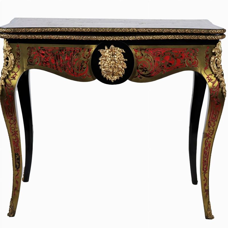 Tavolo da gioco francese Napoleone III (1852-1870), in legno ebanizzato con intarsi e filettature...