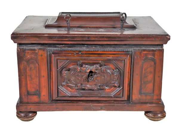 Ancient Venetian walnut travel chest with carved central panel, seventeenth-century security locks to be serviced
