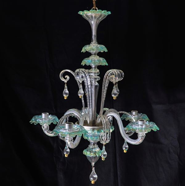 Chandelier in crystal and transparent Murano blown glass with aquamarine green decorations, 5 lights