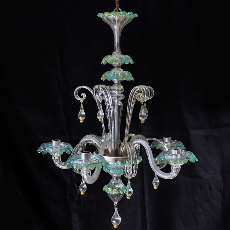 Lampadario in cristallo e vetro soffiato di Murano trasparente con decori in verde acquamarina, 5...